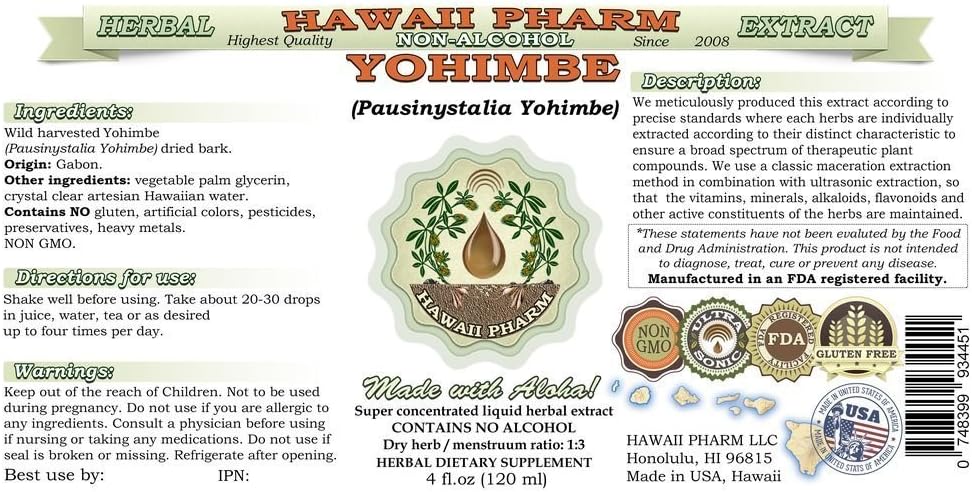 Hawaii Pharm Yohimbe Alcohol-Free Liquid Extract, Yohimbe Liquid (Pausinystalia Yohimbe) Dried Bark Glycerite Natural Herbal Supplement, USA 4x4 fl.oz 3