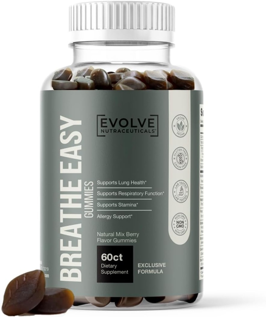Evolve Breathe Easy Lung Gummies, Mullein Leaf, Boswellia Resin, Nettle Root, Forskolin, Butterbur, Bromelain, Allergy Relief, Asthma, Cough Support, Smokers Lung, Vaping Illness 2