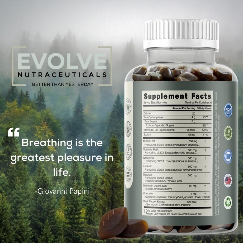 Evolve Breathe Easy Lung Gummies, Mullein Leaf, Boswellia Resin, Nettle Root, Forskolin, Butterbur, Bromelain, Allergy Relief, Asthma, Cough Support, Smokers Lung, Vaping Illness 6