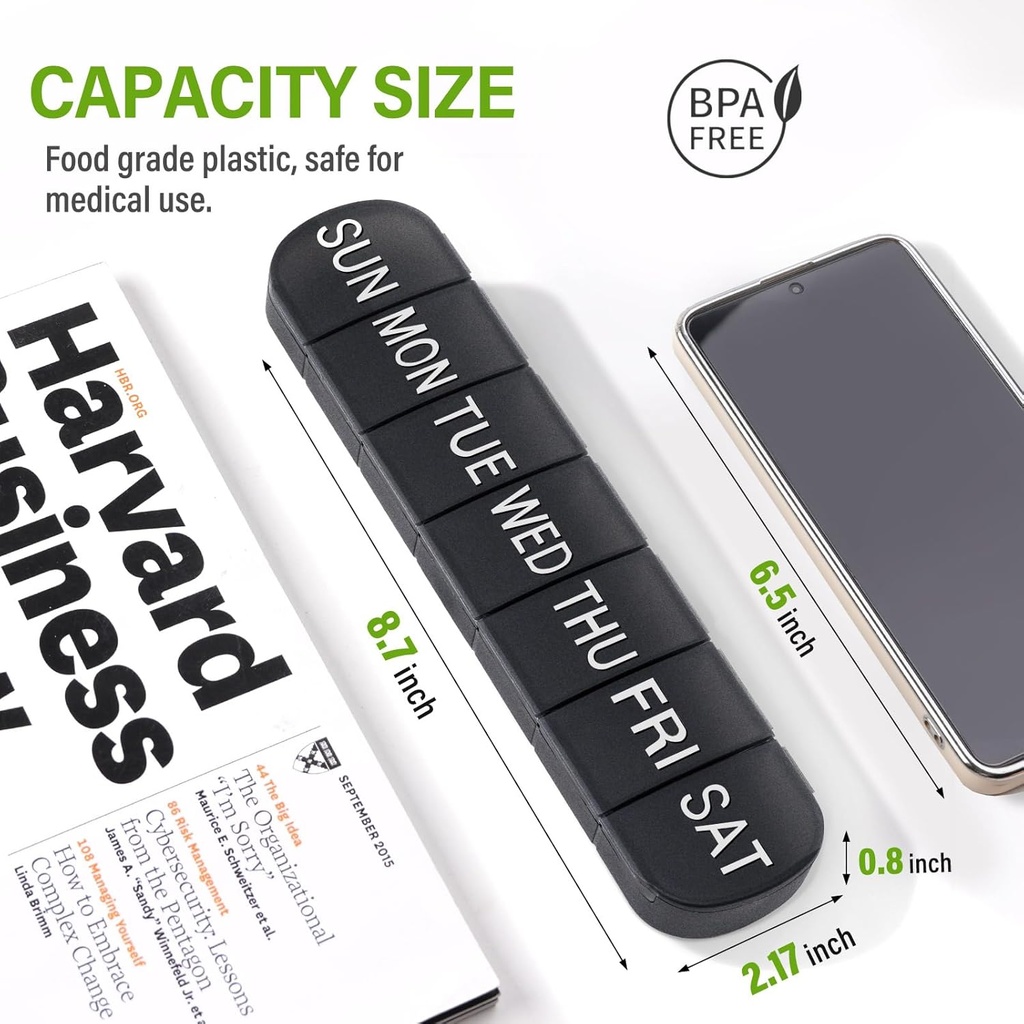 Weekly Pill Organizer 1 Time a Day, Travel Pill Box 7 Day Extra Large Compartments Vitamin Holder, Daily Pill Container 7day XL Medicine Dispenser for Fish Oil Case (Black) 3
