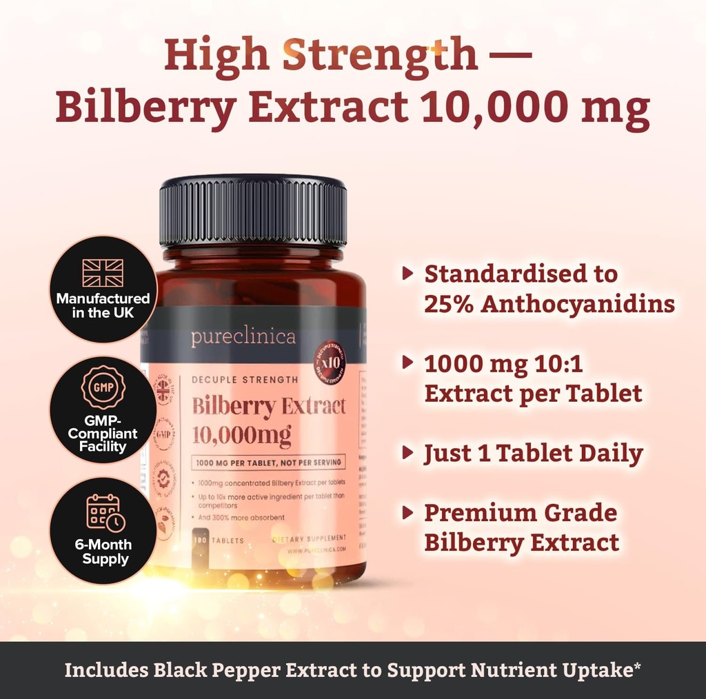 pureclinica Bilberry Extract 10,000mg x 180 Tablets (6 Months Supply)- 10X More anthocyanidin Plus 5mg Black Pepper per Tablet 4