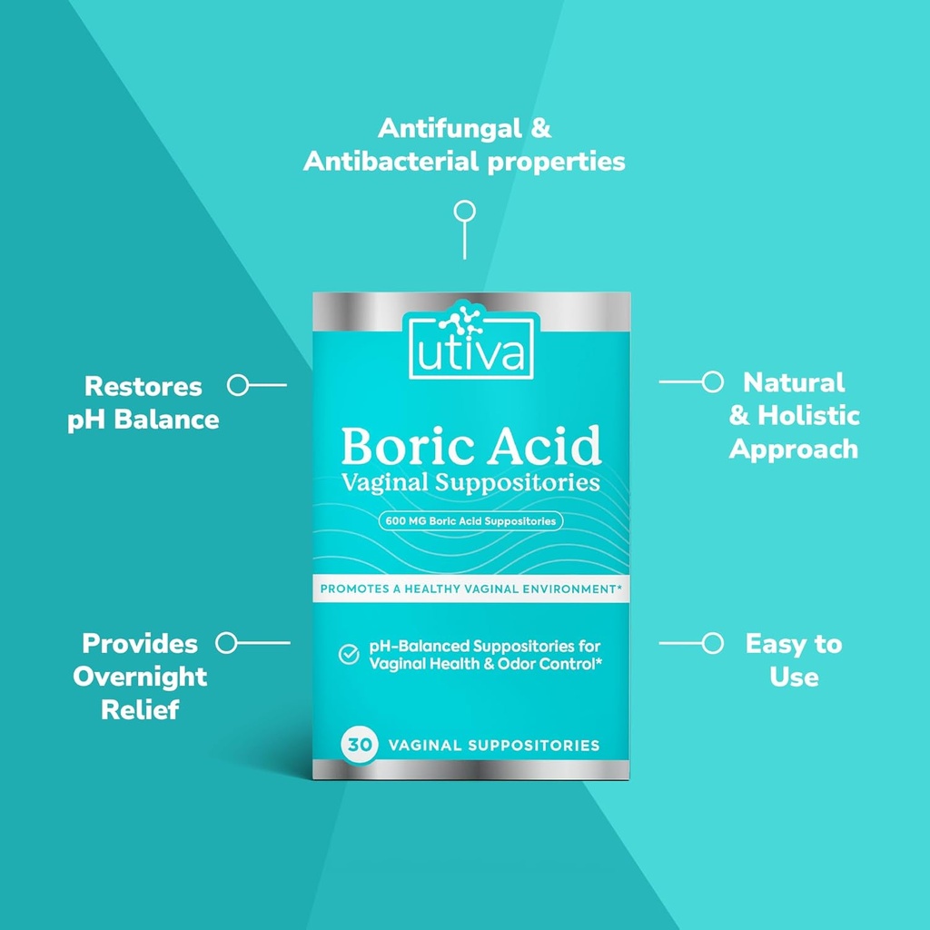 Utiva Boric Acid Suppositories for Women - pH Balance - Feminine Care - 600mg Boric Acid to Lower pH and Support Vaginal Health, BV Treatment for Women, 30 Vaginal Suppositories 2