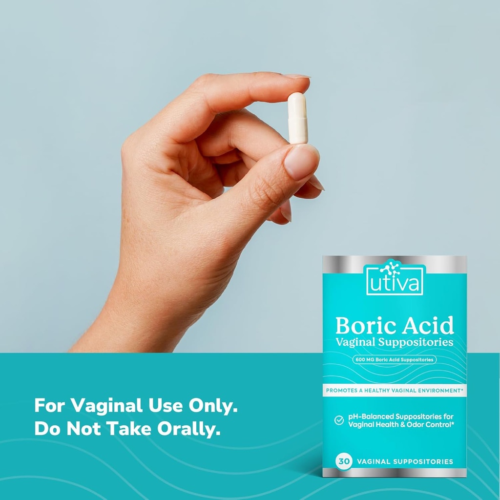 Utiva Boric Acid Suppositories for Women - pH Balance - Feminine Care - 600mg Boric Acid to Lower pH and Support Vaginal Health, BV Treatment for Women, 30 Vaginal Suppositories 5
