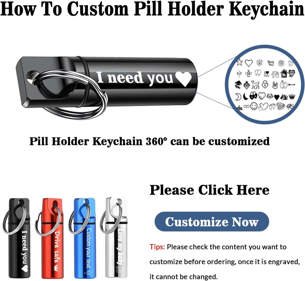 2Pcs Keychain Pill Holder, Personalization Large Capacity Waterproof Travel Pill Organizer Pill Container Custom Small Pill case with Text for Outdoor Camping Travel Gifts (Black) 3