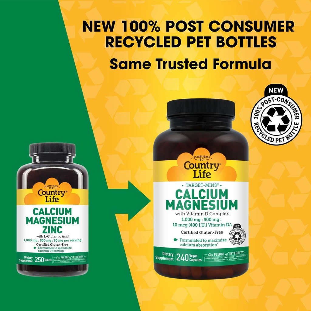 Country Life Calcium Magnesium Zinc with L-Glutamic Acid, Dietary Supplement for Bone Support, Certified Gluten Free, 1000mg/500mg/50mg, 250 Tablets 3