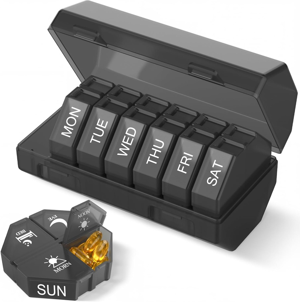 Weekly Pill Organizer 4 Times a Day, Large Pill Box 7 Day Daily Pill Case with 28 Extra Large Compartments Portable Travel Pill Container Big Medicine Organizer for Supplement Vitamin (Black) 2