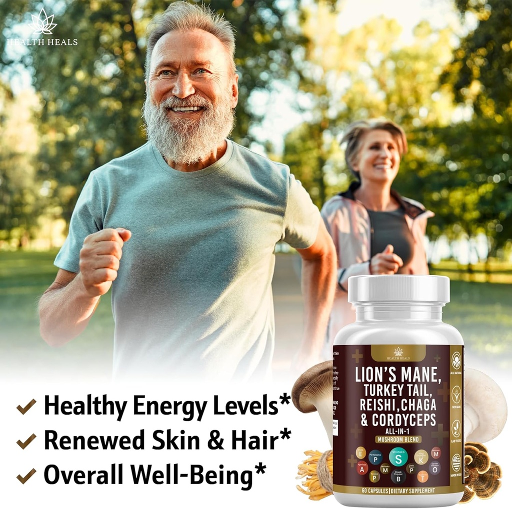 Mushroom Supplement with Lion's Mane Turkey Tail Reishi Cordyceps Chaga Marshmallow Root - 120 Count 6