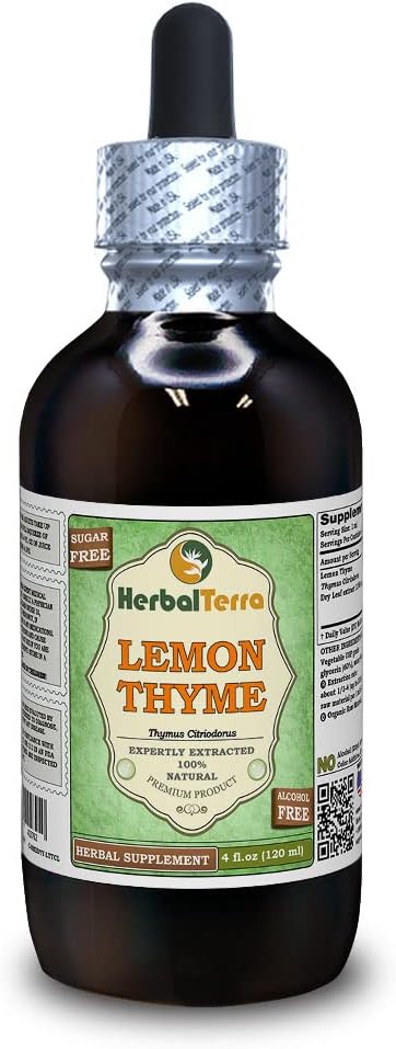 Lemon Thyme (Thymus x Citriodorus) Glycerite, Organic Dried Herb Alcohol-Free Liquid Extract (Brand Name: HerbalTerra, Proudly Made in USA) 4 fl.oz (120 ml) 2