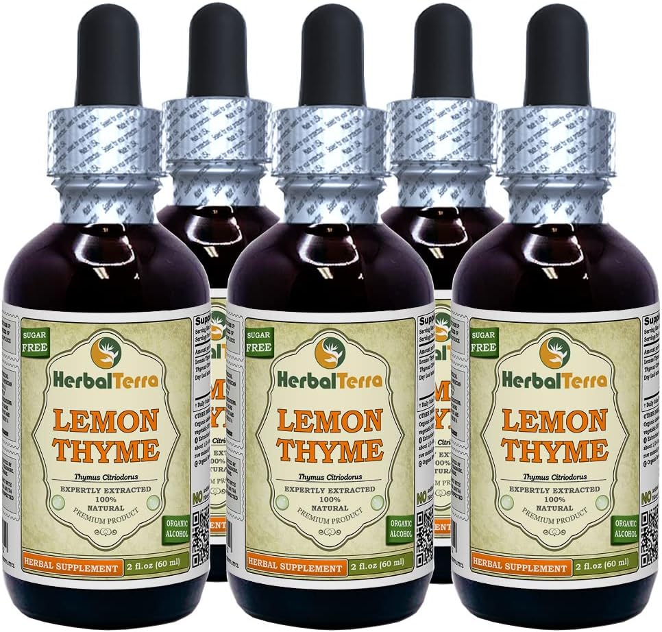 Lemon Thyme (Thymus x Citriodorus) Glycerite, Organic Dried Herb Alcohol-Free Liquid Extract (Brand Name: HerbalTerra, Proudly Made in USA) 4 fl.oz (120 ml) 4
