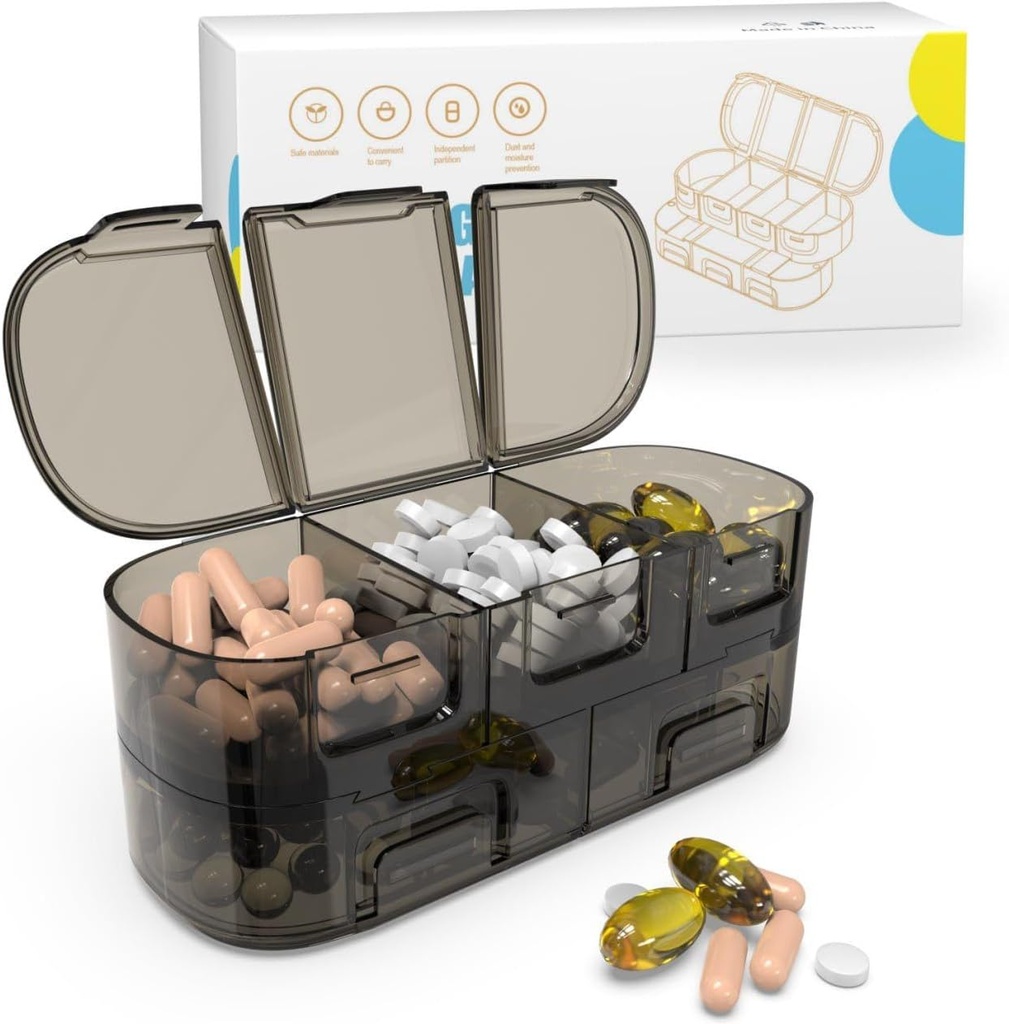BEXEEN 7-Day Portable Pill Organizer - 12 Compartment Box with Alarm, Travel Bag, Lock, Key Chain, Timer, Pill Cutter 2