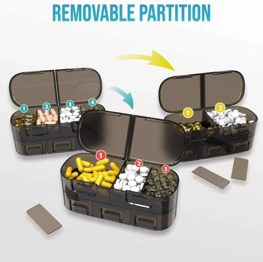 BEXEEN 7-Day Portable Pill Organizer - 12 Compartment Box with Alarm, Travel Bag, Lock, Key Chain, Timer, Pill Cutter 4