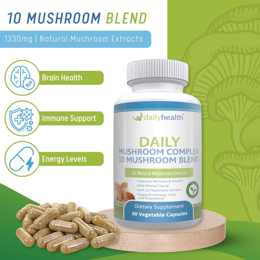Daily Health 10 Mushroom Blend Complex 60 Capsules Cordyceps, Reishi, Shiitake, Lions Mane, Maitake, Turkey Tail, Chaga, Agaricus, White Button, Black Fungus, Vegan Friendly (1 Month Supply) 4