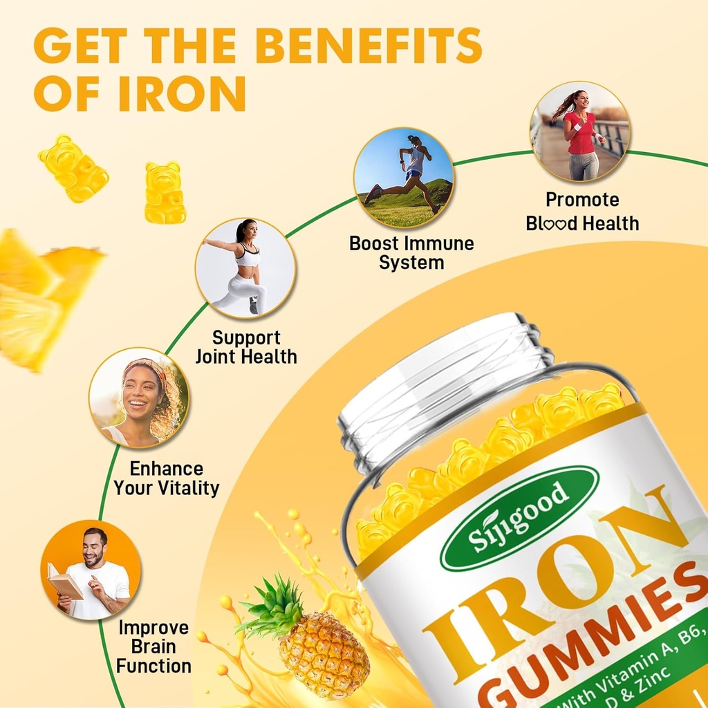 2 Pack Iron Gummies for Women & Men - Vegan Iron Supplement for Anemia & Iron Deficiency, with Vitamin B12, Vitamin C, Zinc, Folate - Energy Boost, Sugar-Free, Pineapple Flavor, 120 Count 4
