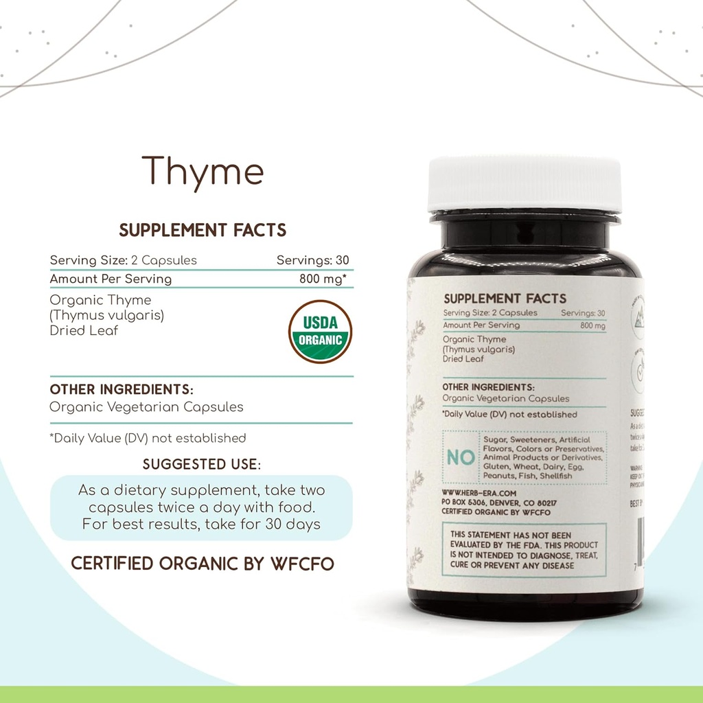 HerbEra Thyme 60 Capsules, 800 mg, USDA Organic Thyme (Thymus Vulgaris) Dried Leaf (60 Capsules) 3