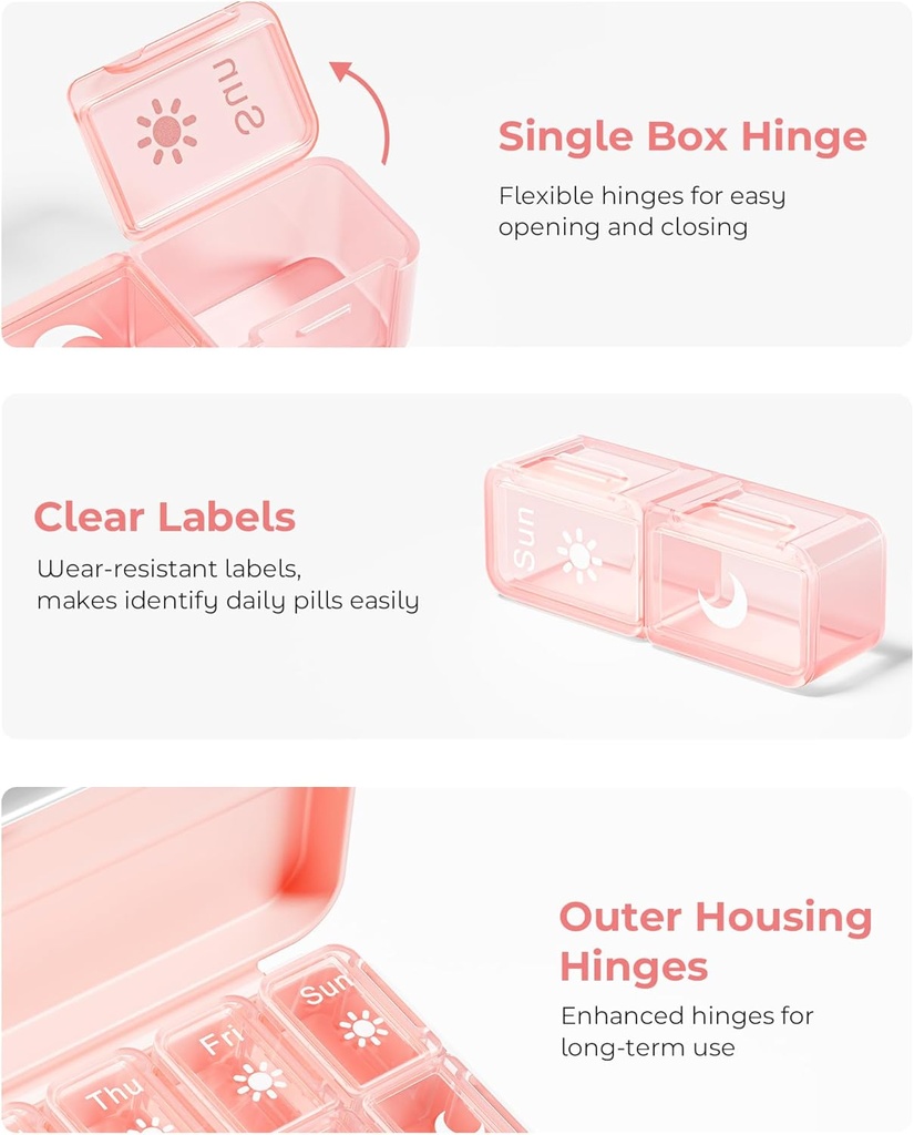 Zoksi Am Pm Pill Organizer 7 Day, Weekly Pill Box 2 Times a Day, Medicine Pill Organizer with Separate Compartment, Travel Pill Case Dispenser Portable for Vitamins, Fish Oils, Medicines(Pink) 5