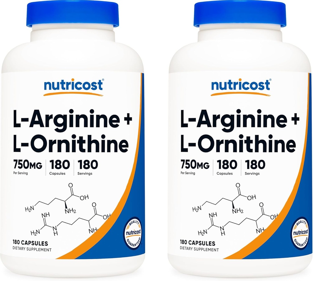 Nutricost L-Arginine L-Ornithine 750mg; 180 Capsules (2 Bottles) 2