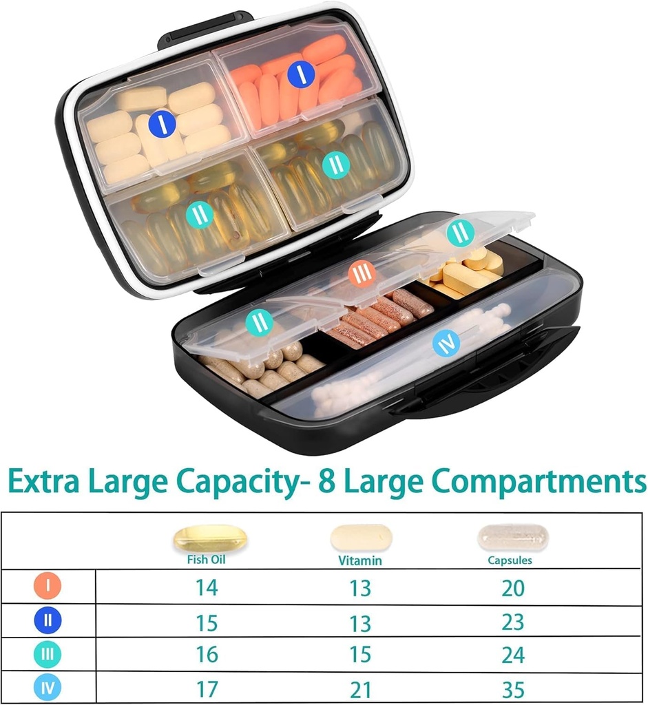 Travel Pill Organizer Large Portable Medication Fullicon Oversize 8 Compartment Pill Box, Vitamin Travel Case Pill Holder - Airtight & Moistureproof (Black) 3