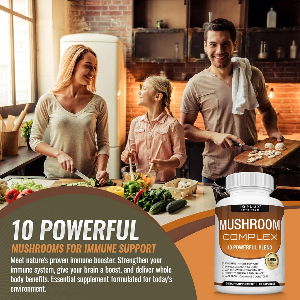 Toplux Mushroom Supplement Lions Mane - Cordyceps Reishi Chaga 10 Organic Mushroom Blend to Support Immune System, Memory, Focus & Clarity and Increase Energy, for Men Women, 60 Capsules 6