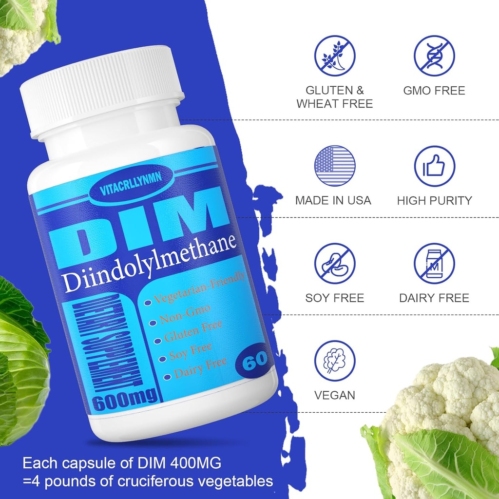 DIM Supplement 600mg Estrogen Blocker for Men & Women - Hormone,Estrogen Balance, Menopause, PCOS, Acne and Skin Care 60 Capsule 6