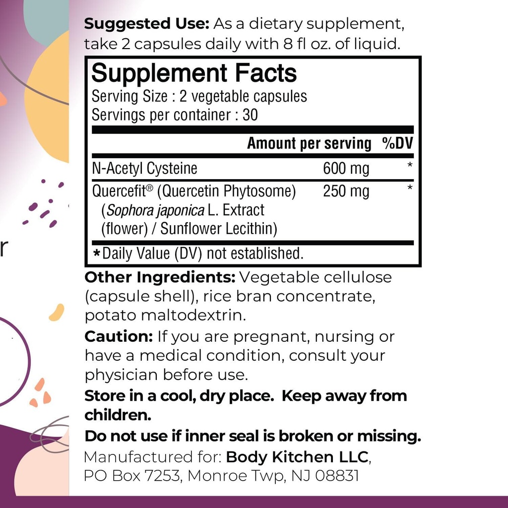 Body Kitchen Mega NAC (N-Acetyl Cysteine) 600 mg with Quercetin, Supports Respiratory Health and Immune Function and Promotes Liver and Kidney Detox, Veggie Caps, (Pack of 3) 4