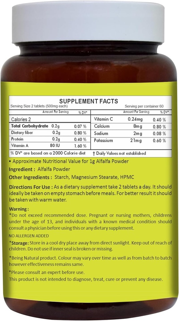 HERBAL HILLS Alfalfa Tablets | 120 Count | Source of Vitamin A | Natural Green Superfoods 3