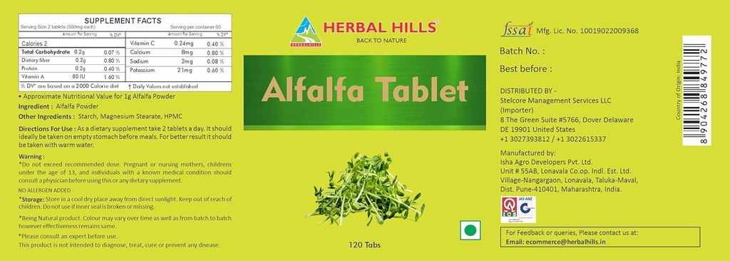 HERBAL HILLS Alfalfa Tablets | 120 Count | Source of Vitamin A | Natural Green Superfoods 5