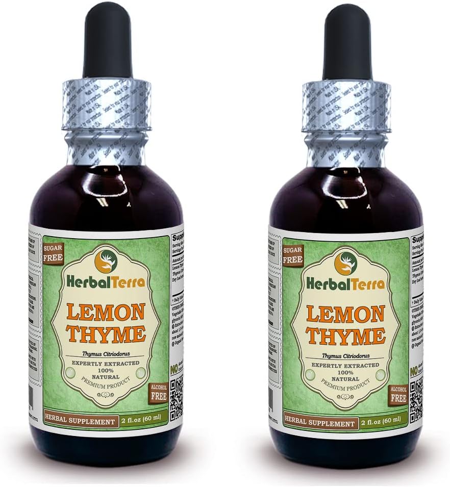 Lemon Thyme (Thymus x Citriodorus) Glycerite, Organic Dried Herb Alcohol-Free Liquid Extract (Brand Name: HerbalTerra, Proudly Made in USA) 2x2 fl.oz (2x60 ml) 2