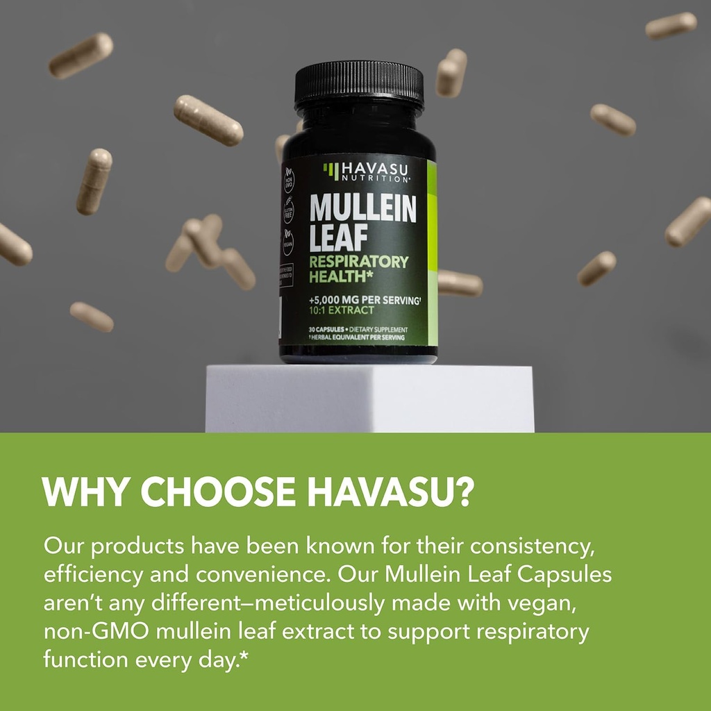 Mullein Leaf Capsules for Respiratory Health - 5000mg Extract 10:1 for Lung Support and Immune Function - 180 Count - Vegan, Non-GMO Capsules - Herbal Supplement for Daily Wellness - 6 Month Supply 6