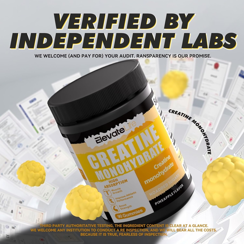 ElevateLife Creatine Monohydrate Gummies 5g for Men Women - Sugar Free Chewable Supplement. 90 Gummies Lemon 5