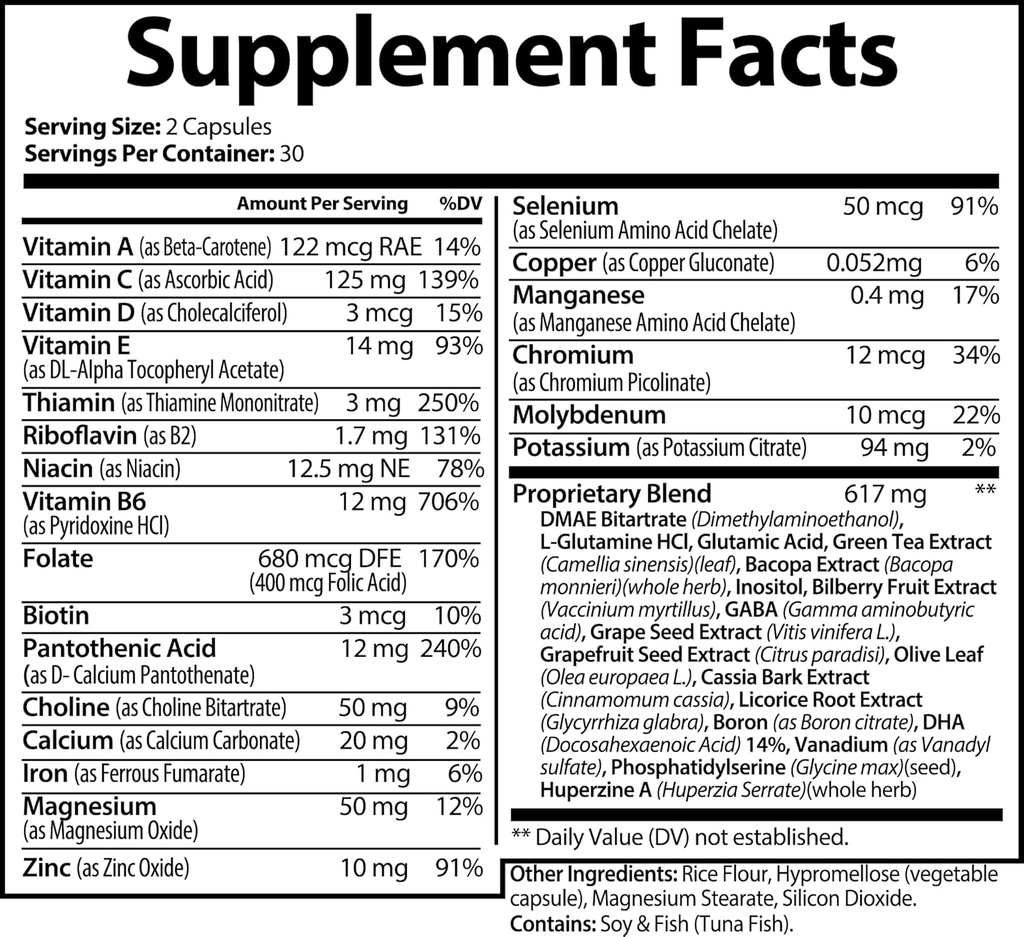 Lazy Brain Supplement - DMAE Bitartrate, L-Glutamine, Bacopa Extract, GABA - Brain Nootropic for Energy, Focus, Overall Wellness, & Immune Support - 60 Capsules 6