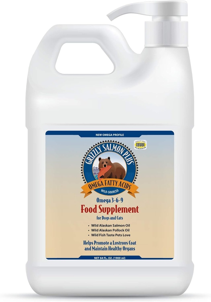 Grizzly Salmon Plus Omega Fatty Acids Food Supplement for Dogs & Cats (Various Sizes) - Wild-Sourced Omega 3-6-9, Wild Alaskan Salmon Oil (64 Fl Oz) 2