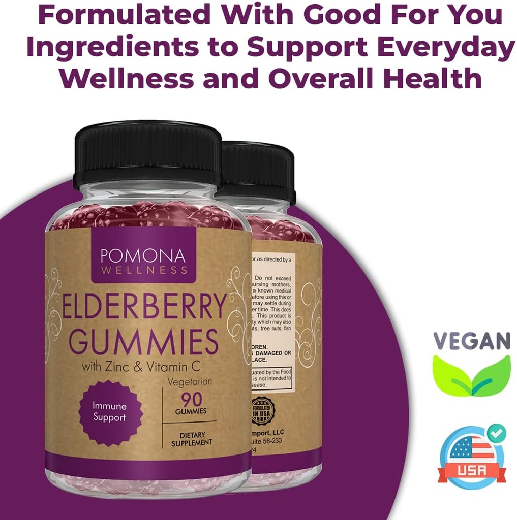 Pomona Wellness Elderberry Gummies with Zinc and Vitamin C for Immune Support 3-1 Chewable Black Elderberry Gummy Supplement for Kids and Adults, Vegan, 90 Gummies 4