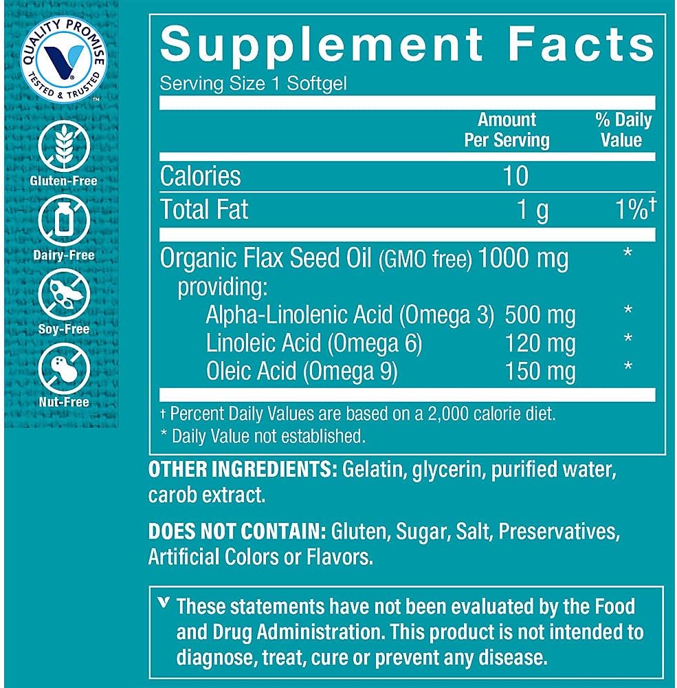 The Vitamin Shoppe Certified Organic Flax Seed Oil 1,000MG, Essential Fatty Acid That Supports Cardiovascular Health, Unrefined & Pesticide Free, Cold Pressed Flax Seed Oil (240 Softgels) 4