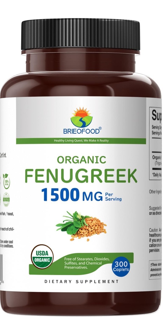 Brieofood Organic Fenugreek 1500mg, 150 Servings, Vegetarian, Gluten Free, 300 Vegetarian Tablets 4