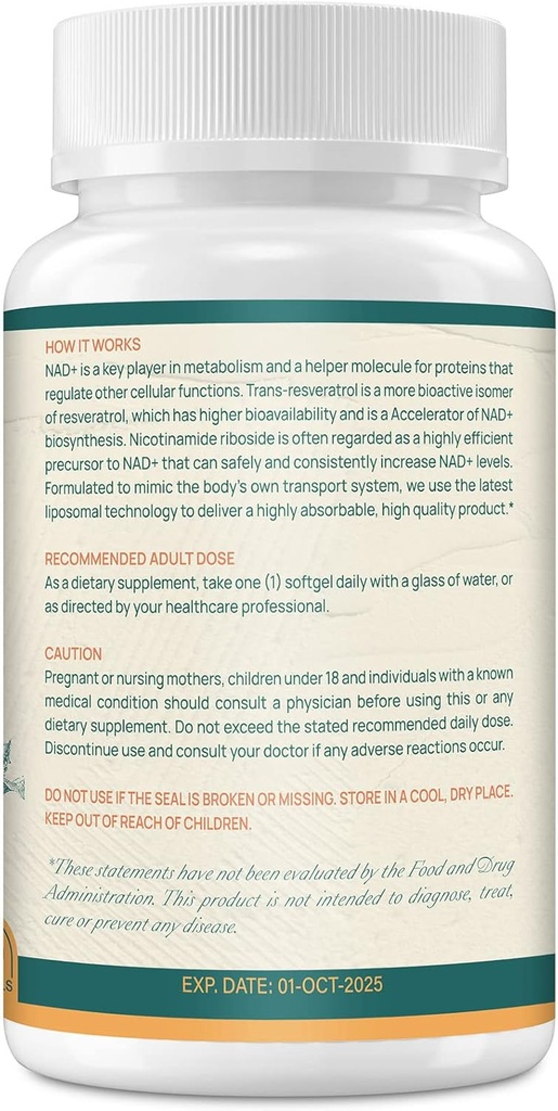 800 mg Liposomal NAD+ Supplement with Nicotinamide Riboside 200 mg, Trans-Resveratrol 100 mg - True NAD Supplement for DNA Repair, Healthy Aging, Brain Function - 360-Day Supply 5