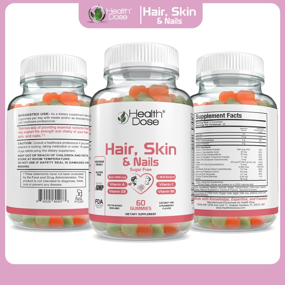 Health Dose Hair Skin Nails with Biotin 5000 mcg, Vitamin A,D3,C & B6, Gluten & Sugar Free, Coconut & Strawberry Flavor 60 Count Gummies. 3