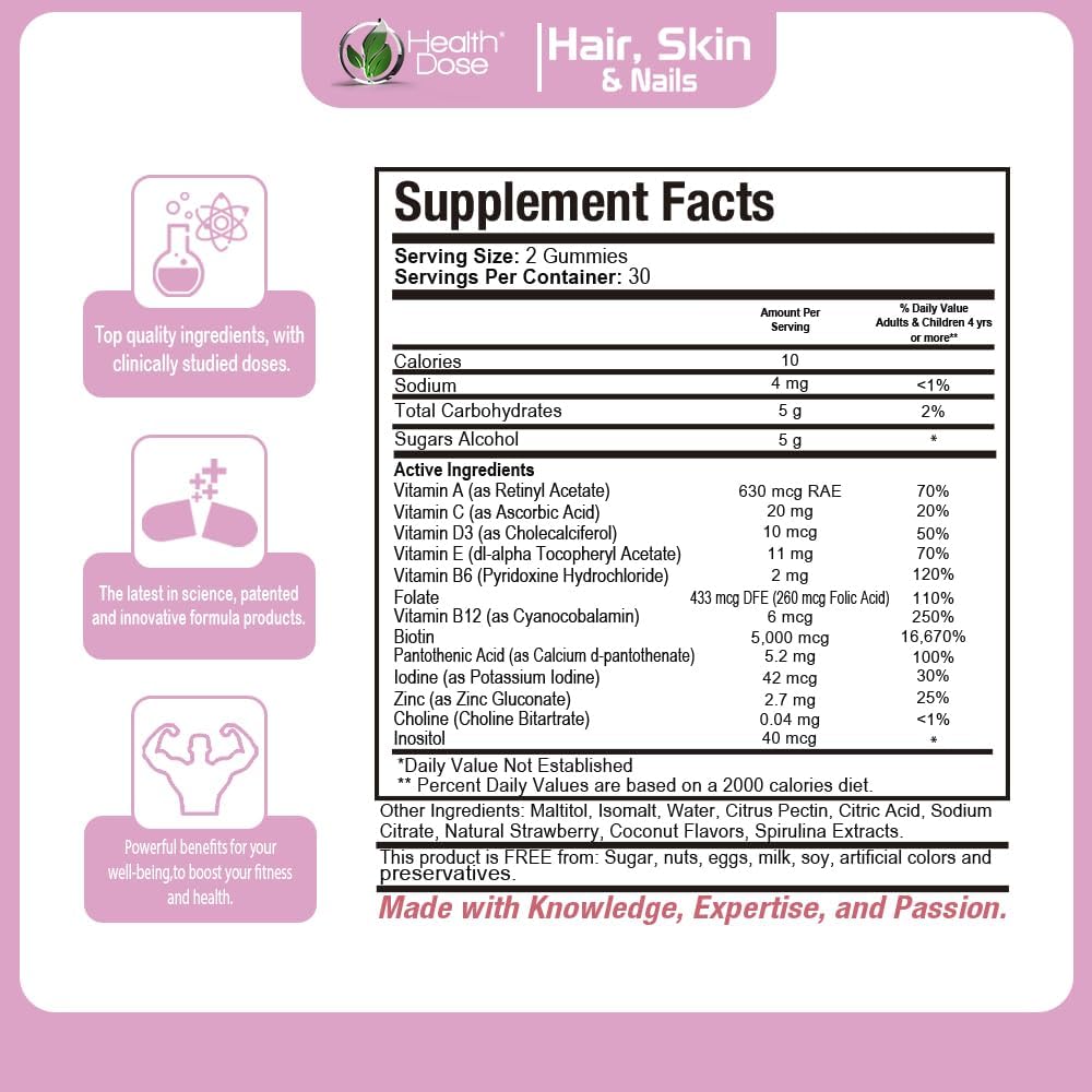 Health Dose Hair Skin Nails with Biotin 5000 mcg, Vitamin A,D3,C & B6, Gluten & Sugar Free, Coconut & Strawberry Flavor 60 Count Gummies. 4