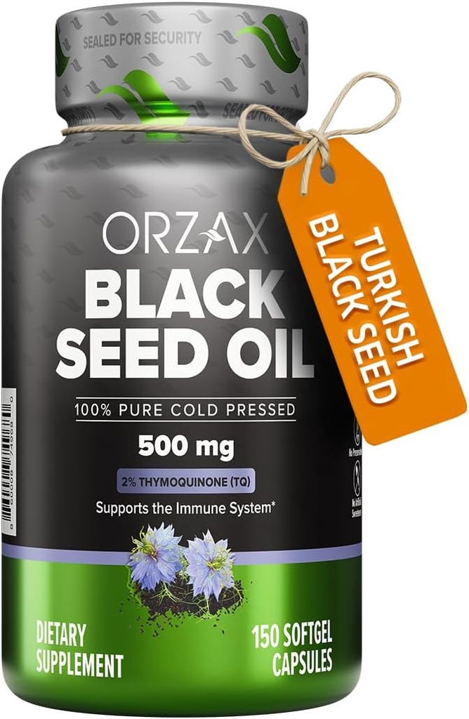 ORZAX Black Seed Oil Cold Pressed 100% Pure | Non-GMO – Rich in Omega 3 6 9 & Thymoquinone | Black Cumin Nigella Sativa Oil for Immune Support, Hair, Skin, Face (150 Softgel Capsules) 2