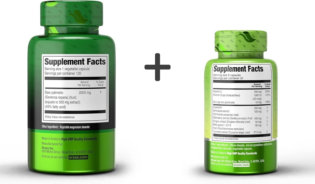ORZAX Saw Palmetto 2000 mg 120 Vegatable Capsules and Immune Support Supplement, 9-in-1 60 Vegatables Capsules, Bundle 3