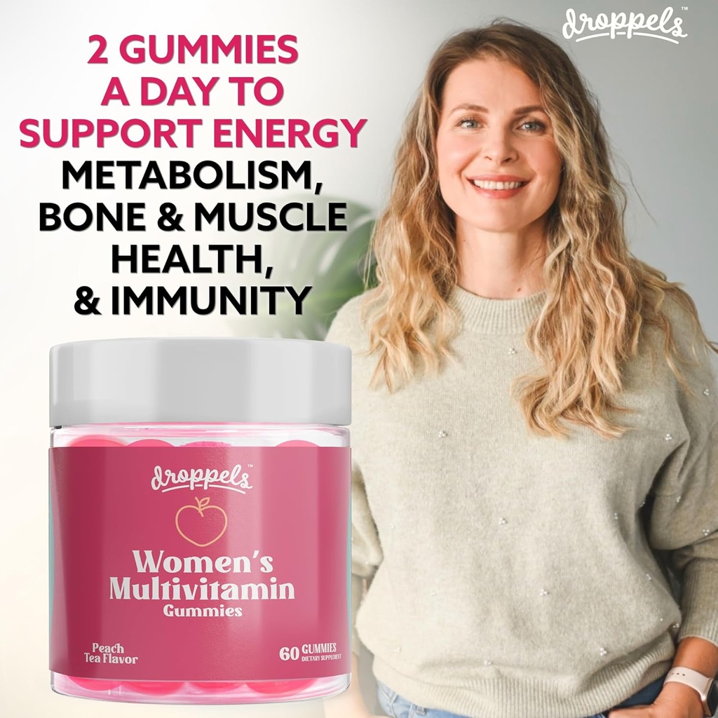 Droppels Women's Multivitamin Gummies with Folic Acid, Vitamins A, D, C, E, K, B6, B12, Biotin & More | Vegan, Non-GMO & Pectin-Based Daily Vitamins for Women | Peach Tea Flavor, 60 Count 6