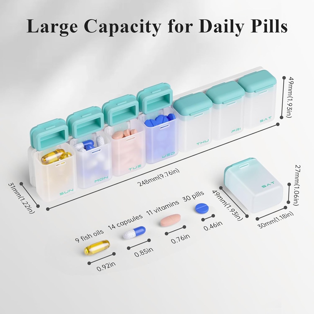 Weekly Pill Organizer Magnetic, Removable Pill Box 7 Day 1 Time a Day, Large Pill Case Travel, Week Once Daily Medication Dispenser, Medicine Container Holder for Supplement Vitamin, Cyan 4