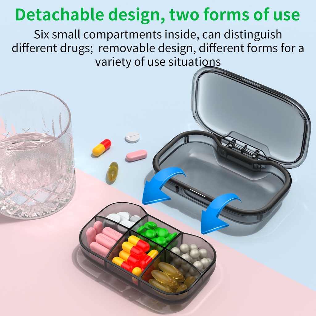 6 Compartment Travel Pill Organizer, Moisture Proof Case for Pocket Purse, Daily Portable Medicine Vitamin Container, Fish Oil and Supplement Box (Black) 3