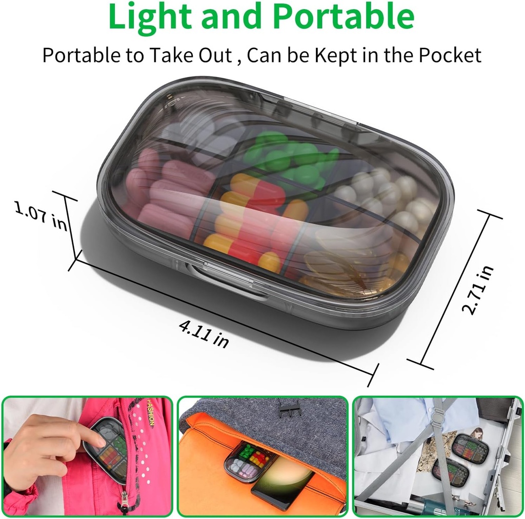6 Compartment Travel Pill Organizer, Moisture Proof Case for Pocket Purse, Daily Portable Medicine Vitamin Container, Fish Oil and Supplement Box (Black) 5