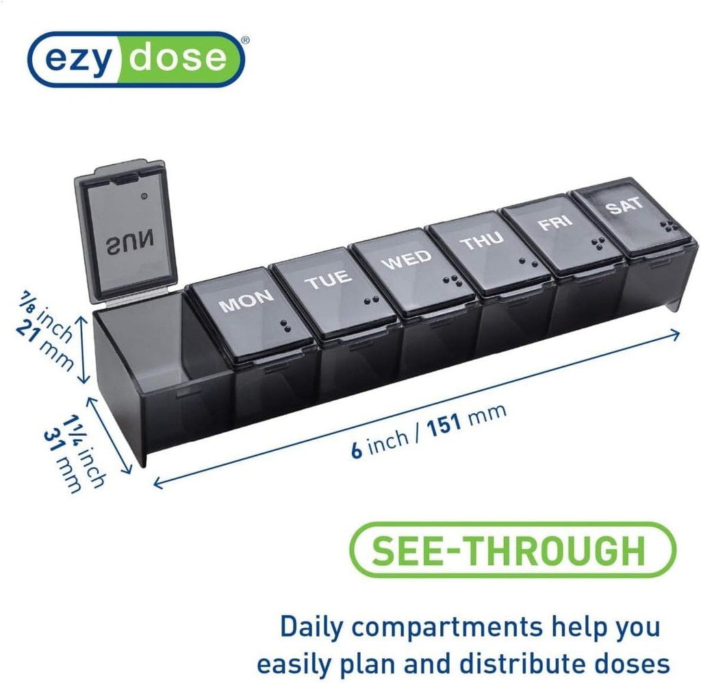 EZY DOSE Weekly (7-Day) Daily Pill Case, Medicine Planner, Vitamin Organizer, Supplement Container, Convenient and Easy to Use, Large Compartments, Travel Friendly, Black, Made in the USA, BPA Free 6