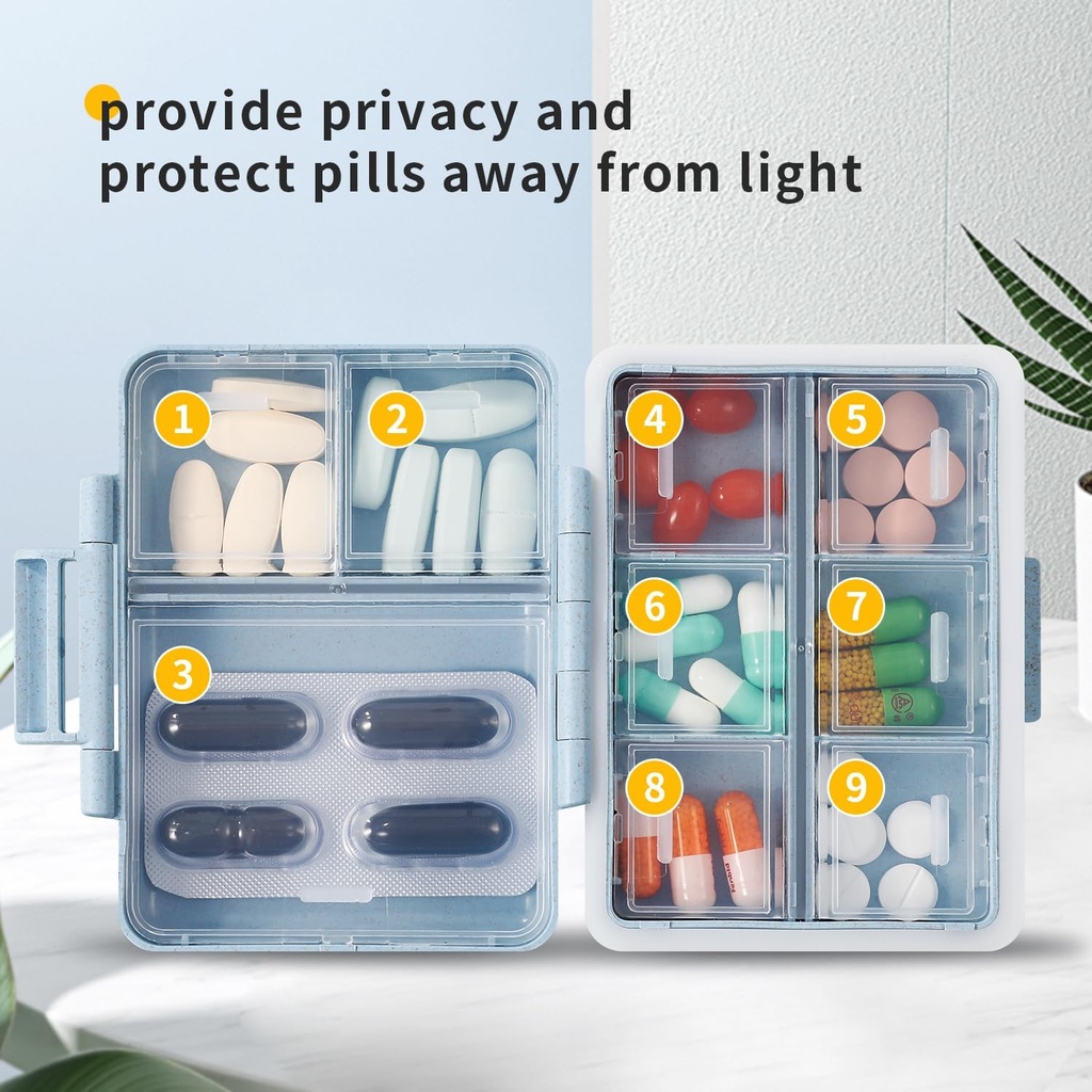 2 Pack 9 Compartments Travel Pill Organizer Box Moisture Proof Small Pill Case for Pocket Purse Daily Pill Holder Container for Medicine Vitami 2