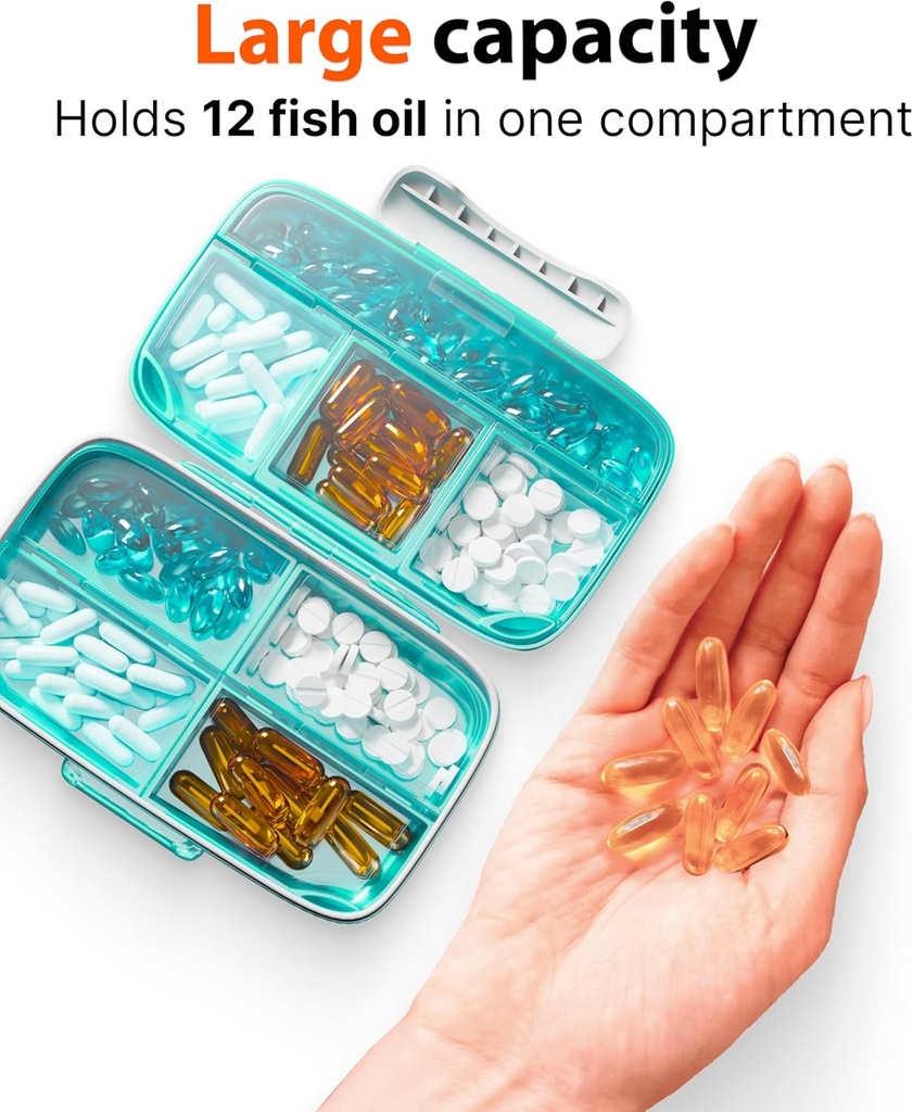 Travel Pill Organizer - Airtight Medicine Case for Traveling Portable Pharmacy Box with Labels Vitamin Container 8 Compartment Supplement Medication Holder Large Capacity Daily (Green) 5