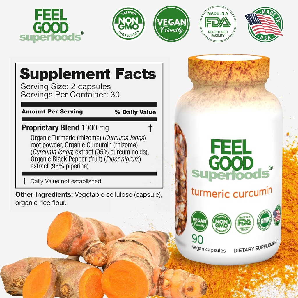 FeelGood Superfoods 1000mg Turmeric Curcumin Capsules, Fortified with 95% Curcumin Extract and Black Pepper Extract, 90 Count 6