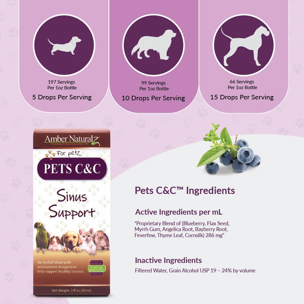 Amber NaturalZ Pet C&C Herbal Supplement for Dogs, Cats, Birds, Guinea Pigs, and Rabbits | Pet Herbal Supplement for Healthy Sinus | 1 Fluid Ounce Glass Bottle |Manufactured in The USA 5
