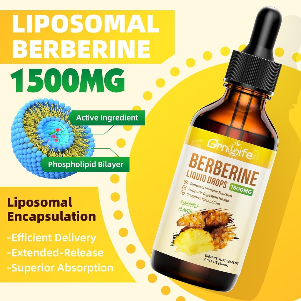 Berberine Supplement, 1500mg Organic Berberine Liquid Drops with Ceylon Cinnamon, Bitter Melon - Supports Immune and Metabolism, Vegan, Pineapple Flavor-2 FL Oz 5