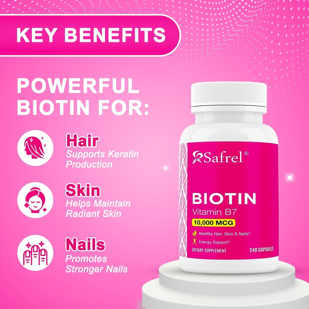 Safrel Biotin (Vitamin B7) 10,000mcg (10mg) Vitamin Supplement, 240 Capsules - Vegetarian, Gluten Free, Quick Release, Non-GMO 3